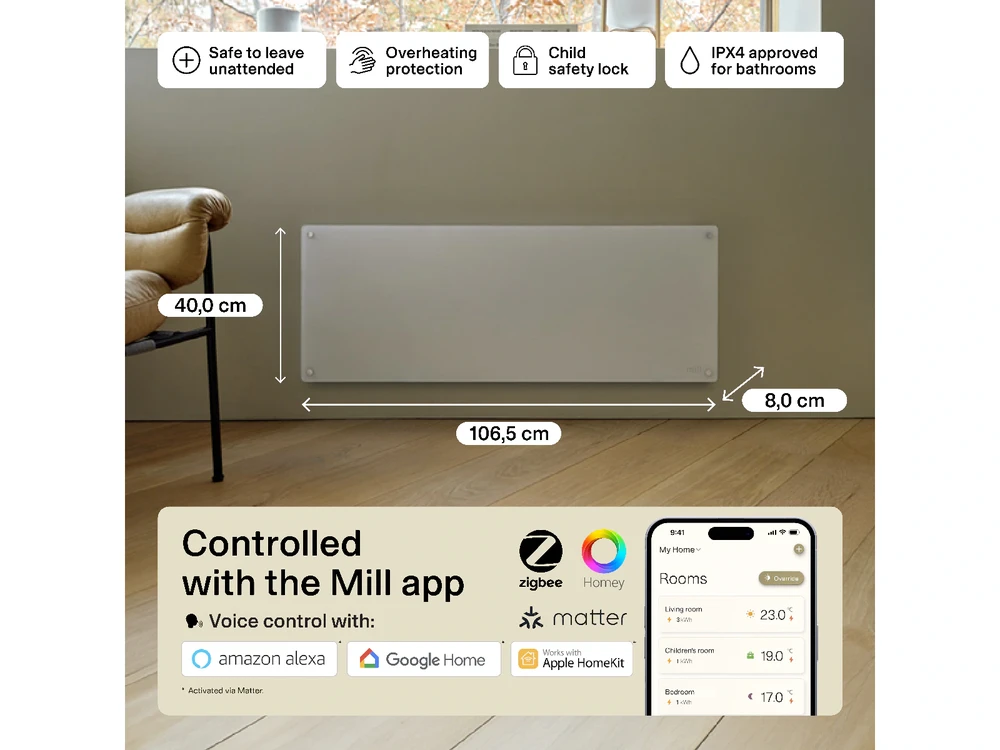 Šildytuvas Mill GL1300WIFI4 | Glass Smart WiFi | 1300 W | Tinka 15-19 m² patalpoms | IPX4 | Wifi+App valdymas | Baltas