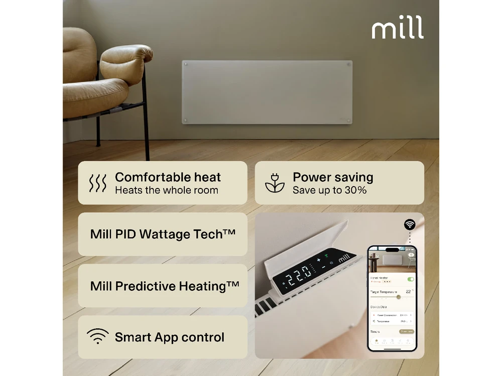 Šildytuvas Mill GL1300WIFI4 | Glass Smart WiFi | 1300 W | Tinka 15-19 m² patalpoms | IPX4 | Wifi+App valdymas | Baltas