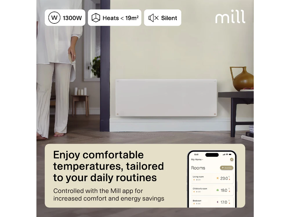 Šildytuvas Mill GL1300WIFI4 | Glass Smart WiFi | 1300 W | Tinka 15-19 m² patalpoms | IPX4 | Wifi+App valdymas | Baltas