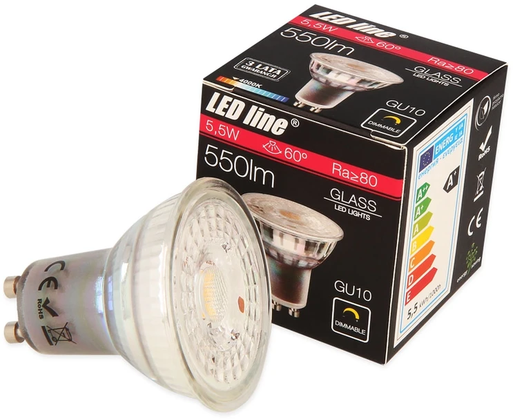 Lemputė LED GU10 230V 5.5W 500lm neutraliai balta, pritemdoma, LED line