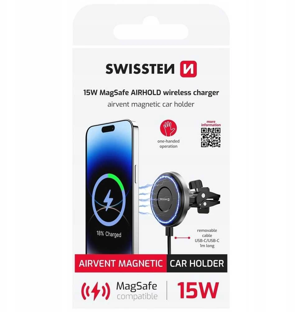„Swissten Airhold“ magnetinis automobilio laikiklis su belaidžiu įkrovikliu 15 W / 7,5 W (suderinamas su „MagSafe“)