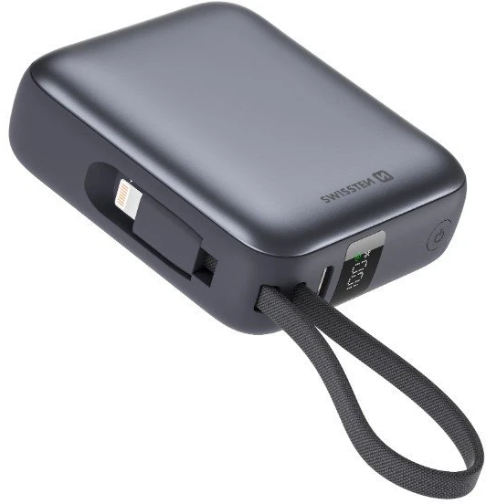 „Swissten“ išorinė baterija 10000 mAh su integruotais USB-C ir „Lightning“ laidais
