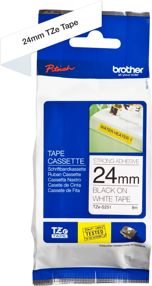 Brother | TZe-S251 Strong Adhesive Laminated Tape | Juodas on Baltas | TZe | 8 m | 2.4 cm