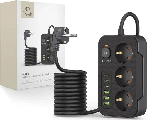 „Tech-Protect PC3X6“ ilgintuvas, 3 lizdai, 240 V + 3 USB-A + 3 USB-C, 200 cm, juodas