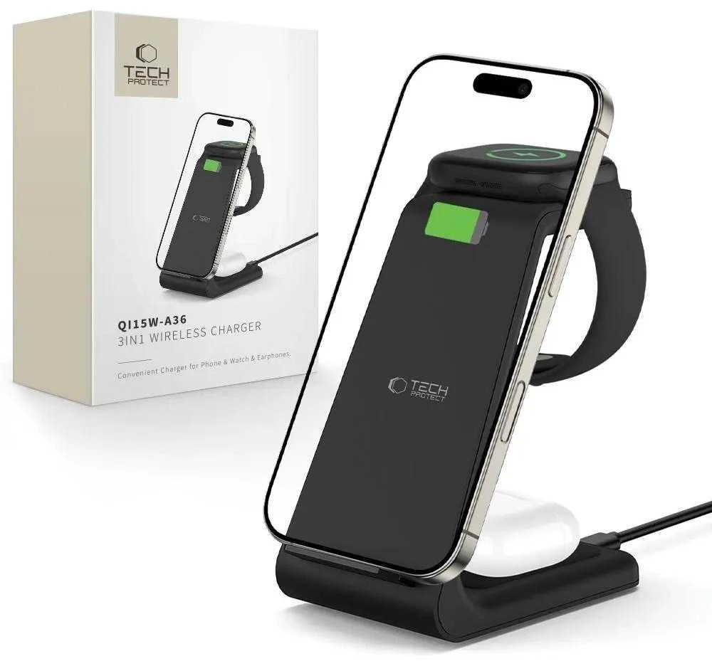 Įkrovimo stotelė Tech-Protect QI15W-A36 3in1 skirta Apple – juodos spalvos