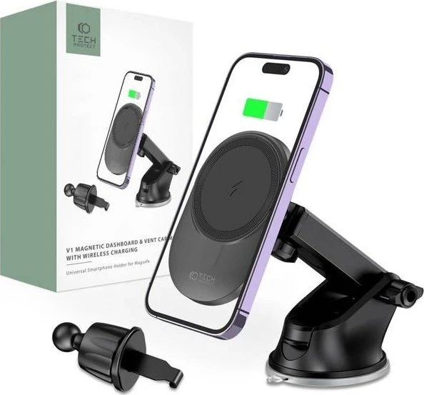 Magnetinis automobilinis laikiklis MagSafe su 15W indukciniu prietaisų skydelio / ventiliacijos grotelių įkrovimu Teleskopinė rankena Tech-Protect mm15W-V1 juodos spalvos