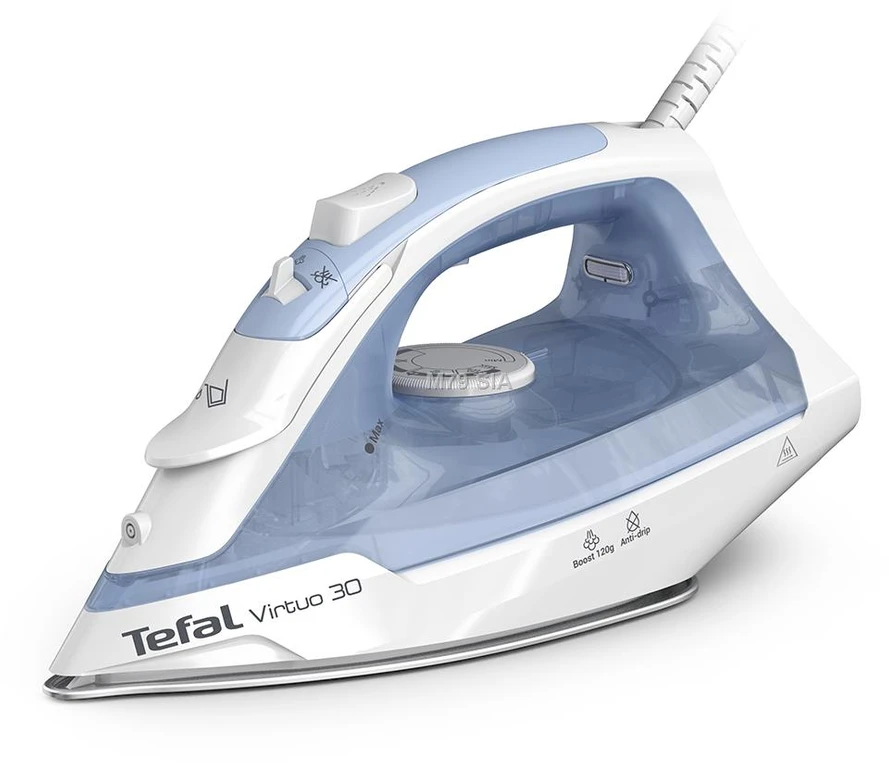 TEFAL Garų lygintuvas | FV2C41E0 Virtuo | Garų lygintuvas | 2000 W | Vanduo tank capacity 240 ml | Continuous steam 27 g/min | Steam boost performance 120 g/min | Mėlyna/Baltas