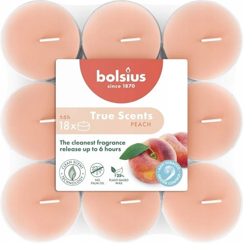 Bolsius arbatinės žvakutės su aromatu. 18 vnt. „True Scents“ persikų skonio
