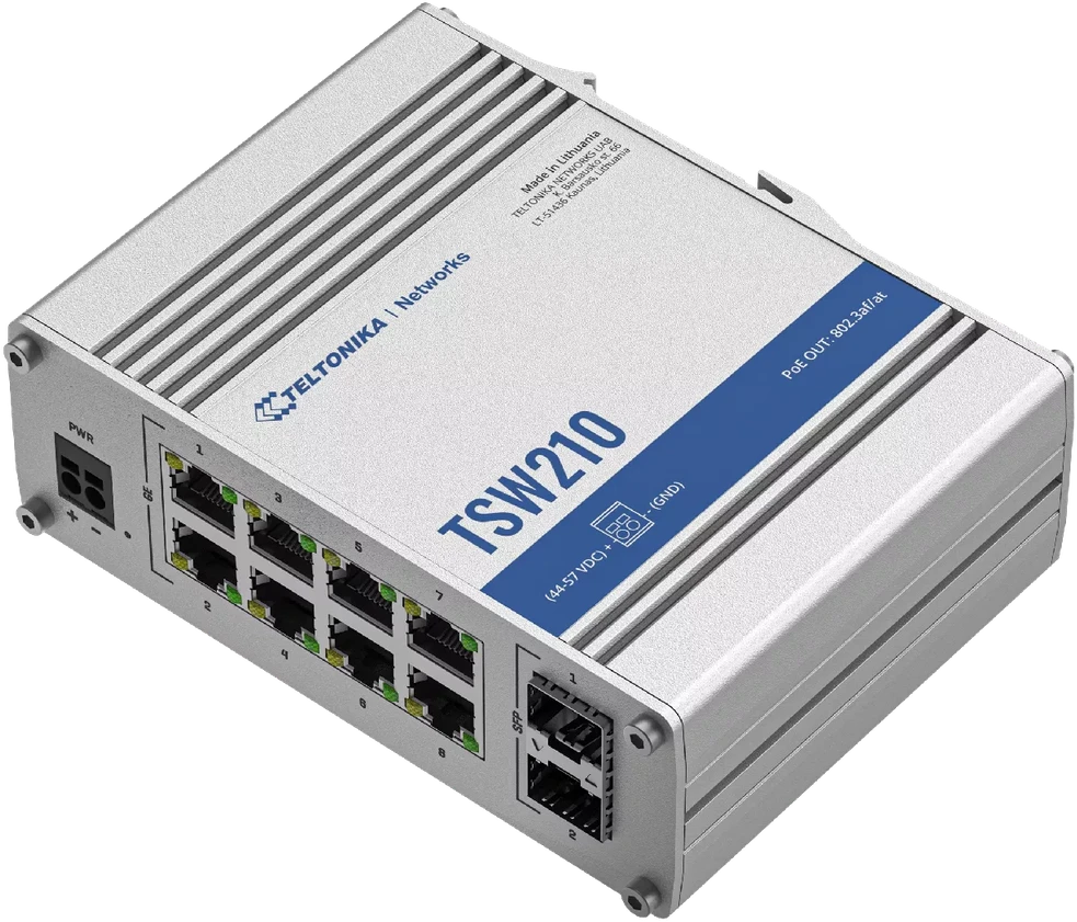 Šakotuvas Teltonika | Jungiklis | TSW210 | Nevaldomas | Tvirtinama prie sienos | Gigabit Ethernet (vario) jungtys kiekis 8 | SFP jungtys kiekis 2 | 24 mėn.