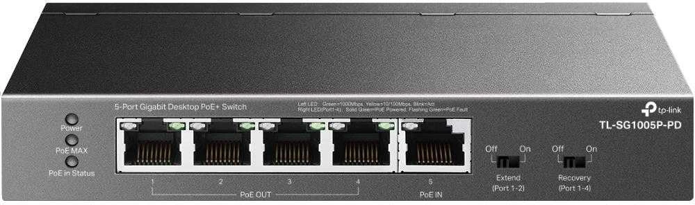 Šakotuvas TP-LINK | 5 prievadų gigabito stalinis komutatorius su 4 prievadų PoE | TL-SG1005P-PD | Nevaldomas | Tvirtinamas prie darbalaukio / sienos
