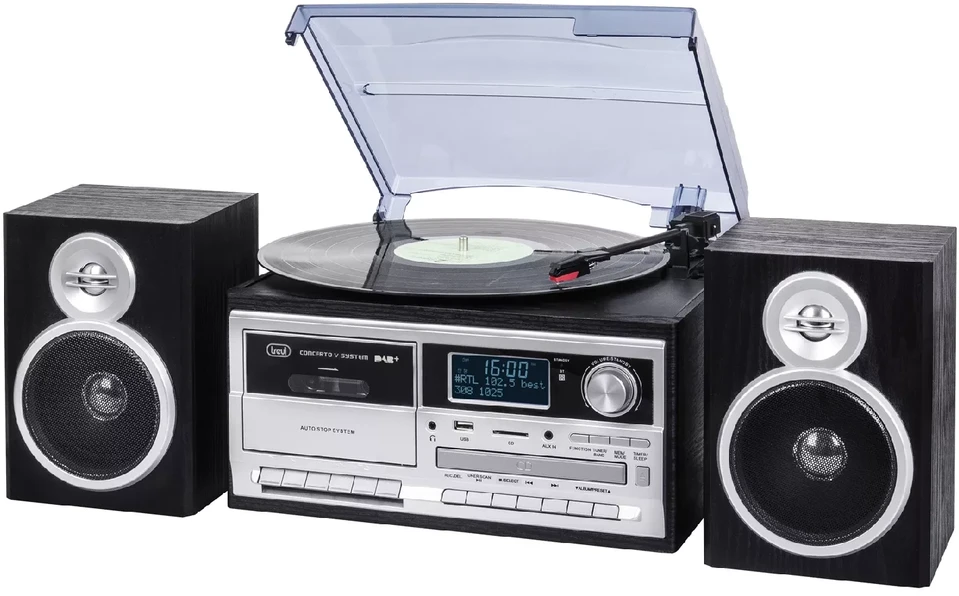 Trevi Stereo Turntable System with DAB / DAB + Digital Receiver, Three-speed turntable 33 / 45 / 78 rpm, File reader on USB / SD Card, Cassette grotuvas/recorder with hitchhiking, Wireless function, Aux-in input, Headphone jack, Juodas colour