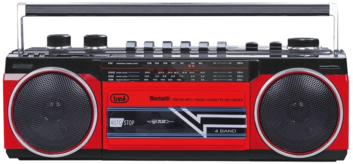 Trevi BT Radio Recorder, Cassette grotuvas/recorder with automatic recording level and autostop function, 4 band radio MW/FM/SW1-2, USB/SD inputs with playback of MP3 files, Belaidė jungtis to listen to wireless music from Išmanusis telefonas and Planšetė, Raudona