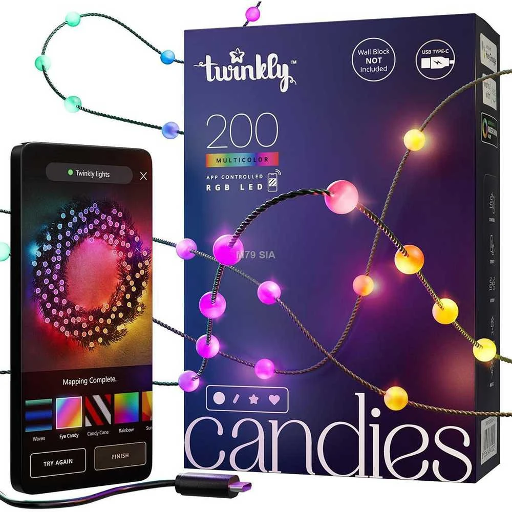 Kalėdinė girlianda Twinkly Candies 200 RGB LED USB- C, žalios spalvos laidas