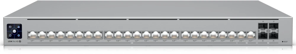 Šakotuvas „UBIQUITI PRO HD 24 POE“ PROFESIONALIOS LYGIO, 3 SLUOKSNIO „ETHERLIGHTING®“ KOMUTATORIUS SU (2) 10 GBE POE++, (22) 2,5 GBE POE++ IR (4) 10G SFP+ PRIEVADAIS. BENDRA POE GALIOS GALIMA 600 W.