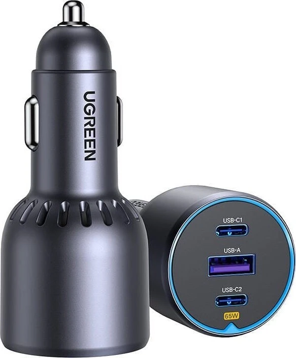 Ugreen Automobilinis įkroviklis 75W 12-24V USB-A + 2xUSB-C QC3.0 PD3.0, pilkas