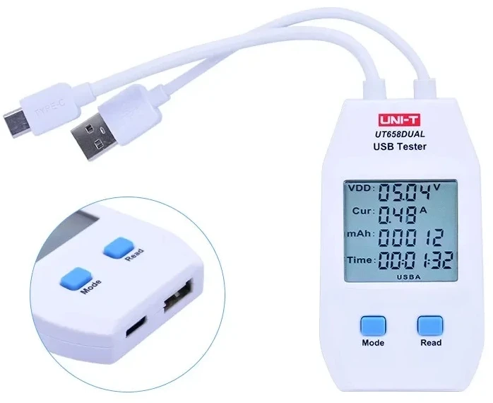 USB-A, USB-C testeris, QC1.0/ 2.0/ 3.0/ 4.0 (C tipas) ir QC1.0/ 2.0/ 3.0 (A tipas) protokolai, 0~99999mAh; 0~1000Wh; 1~480?, 4~24VDC, UNI-T