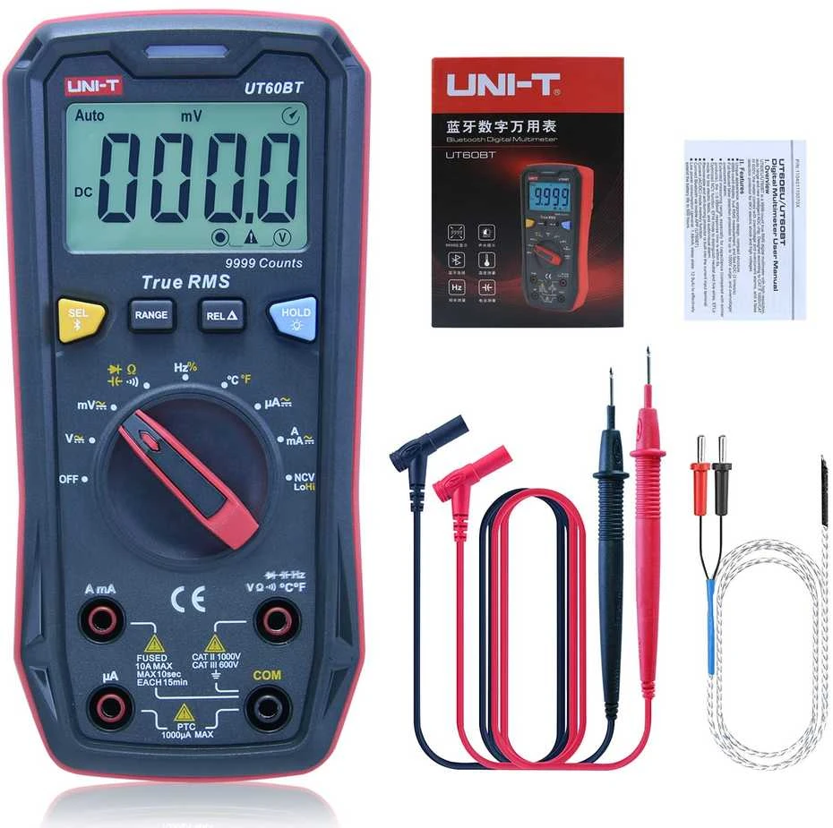 Skaitmeninis multimetras DC/AC1000V; DC/AC 10A; 100MΩ; 10mF; 10MHz; -40-1000C; Bluetooth, UNI-T