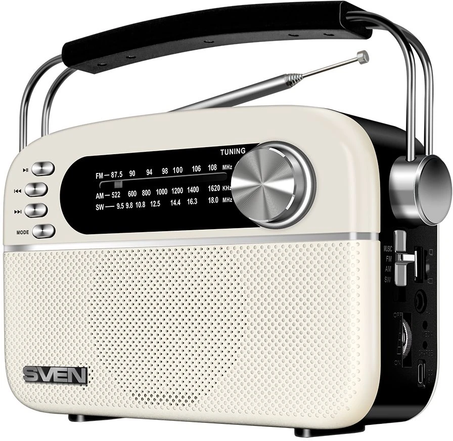 Garsiakalbis SVEN SRP-505, baltas (3W, Bluetooth, FM/AM/SW, USB, Micro SD, AUX, baterija)