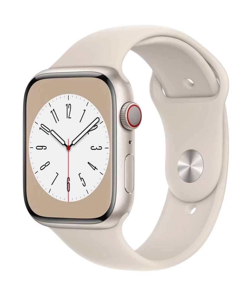 Išmanusis laikrodis Apple Watch Series 8 GPS, 45 mm, "Starlight" spalvos aliuminio korpusas su "Starlight" spalvos sportiniu dirželiu