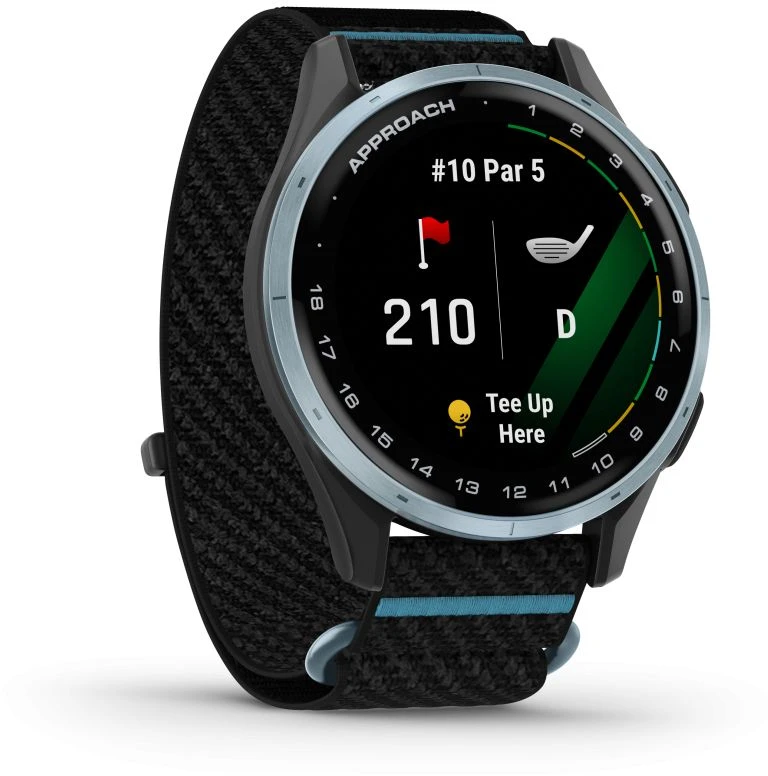 Išmanusis laikrodis Garmin Approach® J1, debesų mėlynos spalvos aliumininis korpusas su juodos / žydros spalvos „ComfortFit“ medžiaginiu dirželiu | 010-03898-00