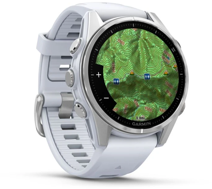 Išmanusis laikrodis Garmin Fenix 8 – 43 mm, AMOLED Sidabrinės spalvos korpusas su baltojo akmens spalvos silikoniniu dirželiu