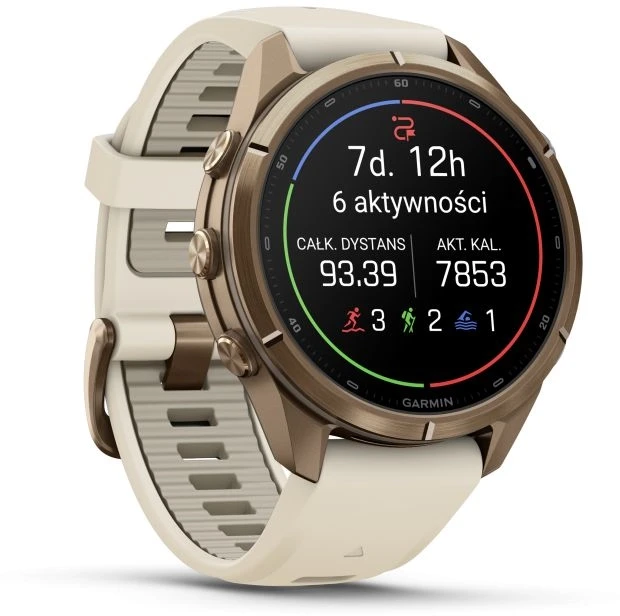„Garmin fenix 9 Pro“ išmanusis laikrodis, 43 mm, titano, rudens aukso spalvos su kreminės spalvos / prancūziško pilko silikono dirželiu