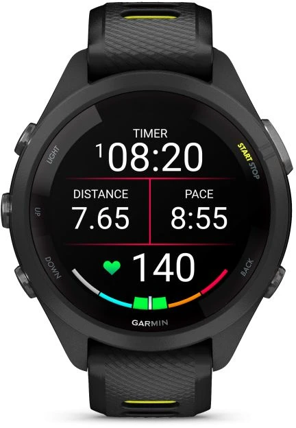 Išmanusis laikrodis Garmin Forerunner 265S. Juodas apvadas ir korpusas su juodos bei „Amp Geltona“ (geltonos) spalvos silikoniniu dirželiu