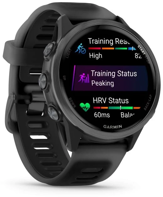 Išmanusis laikrodis Garmin Forerunner® 570 - 42mm Pilkai melsvos spalvos aliuminis su permatomu juodu / juodu dirželiu