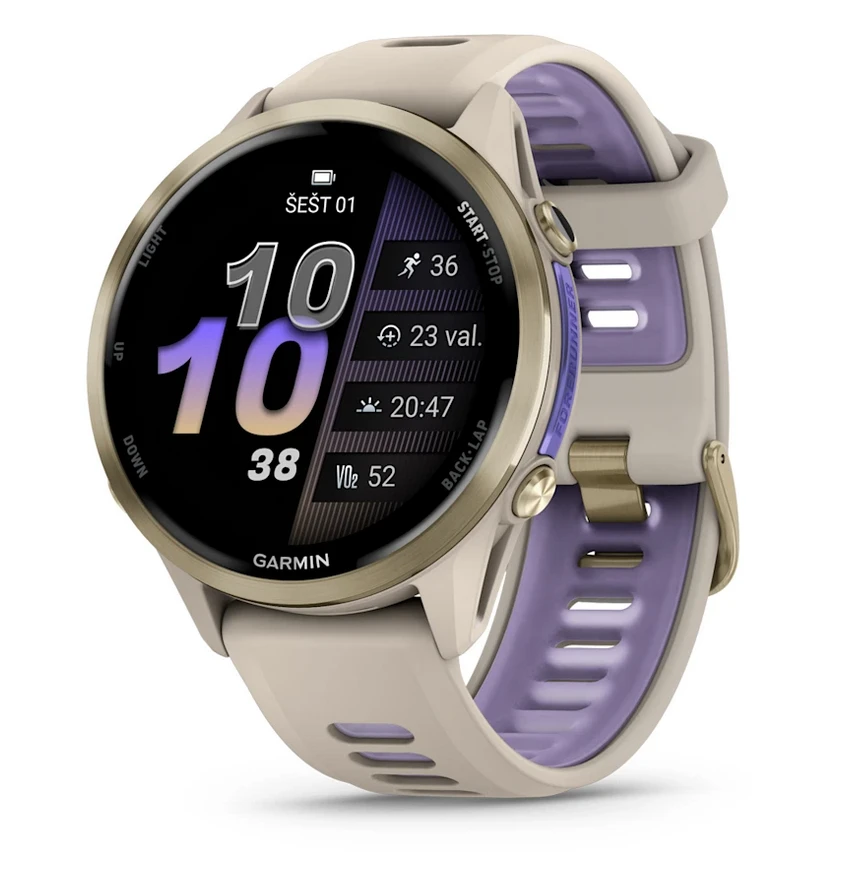 Išmanusis laikrodis Viedpulksteni Garmin Forerunner 970 Soft Gold Titanium with French Pilkas Case and French Pilkas/Translucent Indigo Band 753759349943 (7537593
