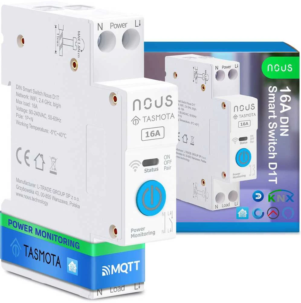 Nous Automatinis jungiklis DIN bėgeliui su energijos matavimu, 230Vac, 16A, Wi-Fi Tasmota (ESP32), MQTT, Matter