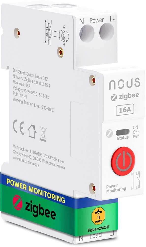 Nous Automatinis jungiklis DIN bėgeliui su energijos matavimu, 230Vac, 16A, TUYA ZigBee MQTT