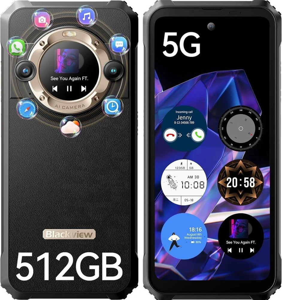 Blackview BL9000 5G 6.78" Corning 7th FHD+IPS 1080x2460 120Hz, 12GB/512GB, MT6891Z aštuonių branduolių 2.6GHz procesorius, 50MP priekinė/13MP+50MP galinė kamera, NFS, Harman Audio EFX, pirštinių režimas, 8800mAh baterija, C tipo, Android 13, dvi SIM kortelės, SD kortelės lizdas, „Splendid Gold“