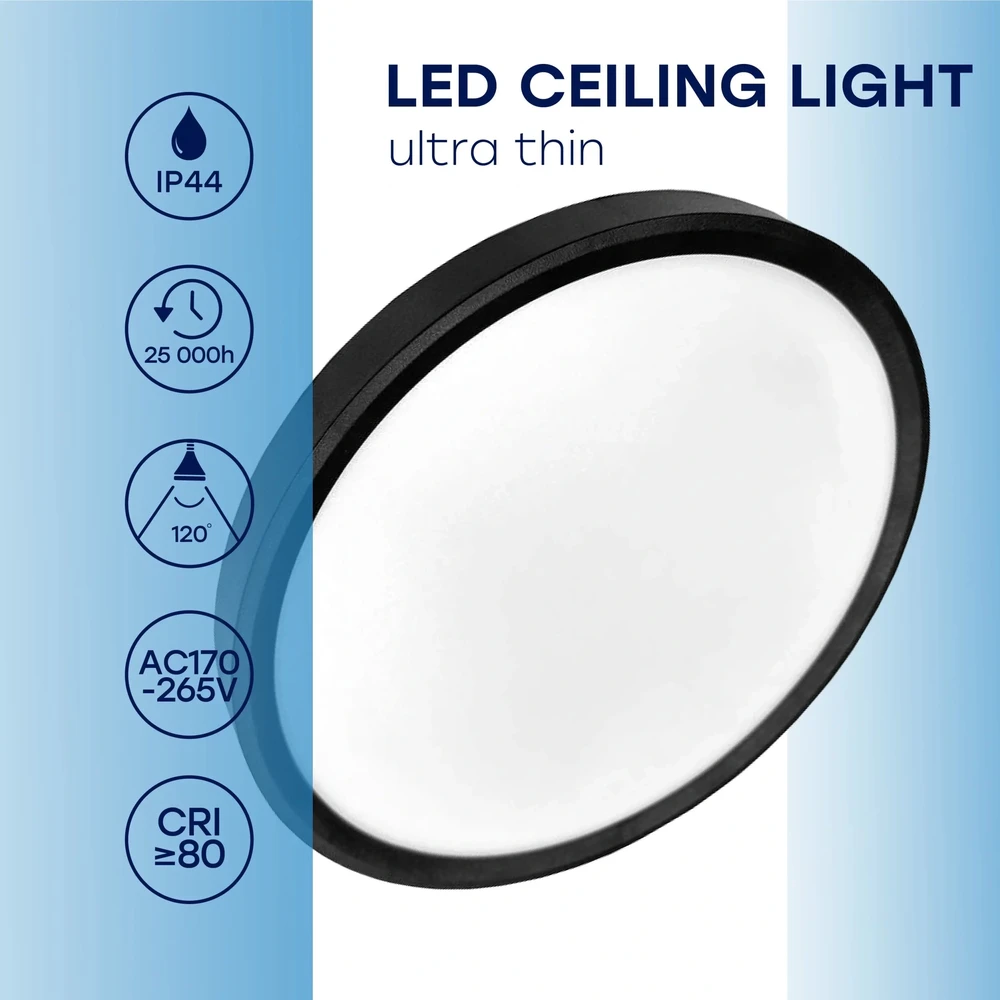 Lubinis šviestuvas Visional LED vandeniui atsparus šviestuvas 32W, 3CCT, 3840Lm, IP44, Ø 400 x 25 mm, juodas