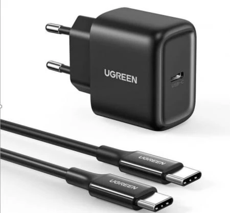 Sieninis įkroviklis UGREEN CD250, 25W, USB-C (juodas) + USB-C į USB-C laidas, 2m (juodas)