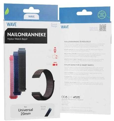 Wave nailono apyrankė, 20 mm išmaniesiems ir sportiniams laikrodžiams, juoda