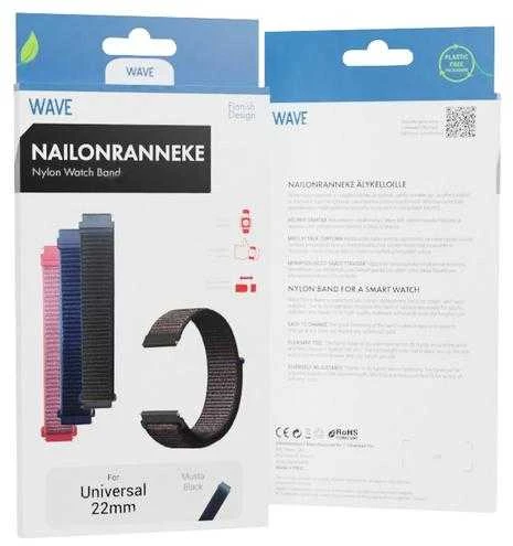 Wave nailono dirželis, 22 mm išmaniesiems ir sportiniams laikrodžiams, juodas