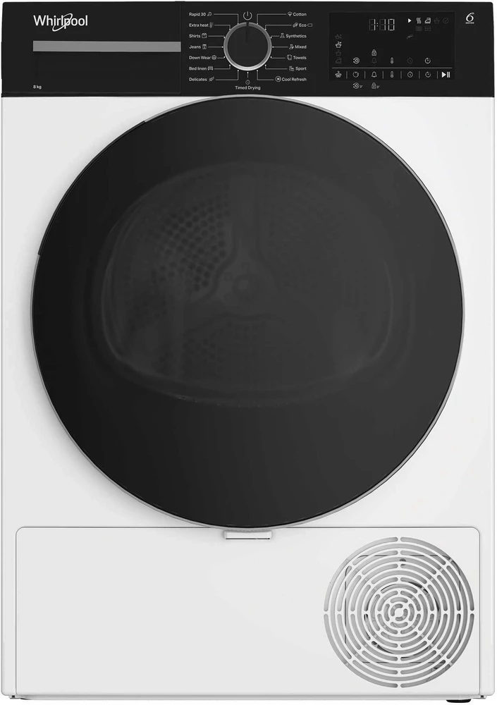 „Whirlpool“ džiovyklė | WPS D8 WBS EE | Energijos vartojimo efektyvumo klasė D | Priekinis pakraunamas | 8kg | Šilumos siurblys | Skaitmeninis | Gylis 55 cm | Baltas