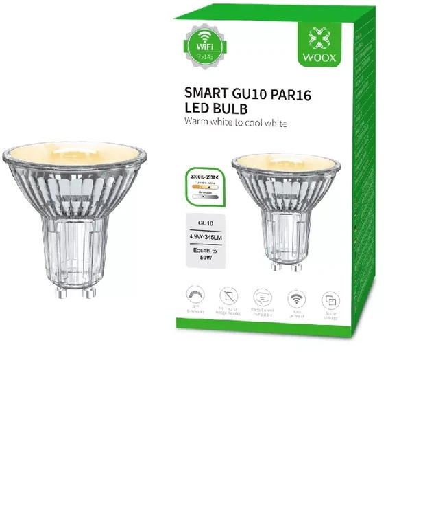 Lemputė LED Wi-Fi GU10, 230V, 4.9W, 345lm, 2700K - 6500K, CCT, MR16, išmanioji, valdoma programėle, TUYA / Smart Life, WOOX