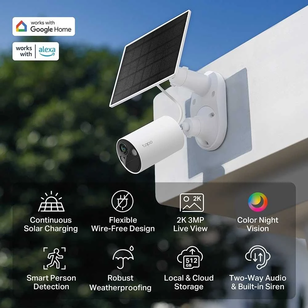 TP-LINK | Saulės energija varoma apsaugos kamerų rinkinys | Tapo C410 rinkinys | Kulka | 3 MP | 3.17mm/F1.65 | IP65 | H.264 | „MicroSD“ kortelė, iki 512 GB