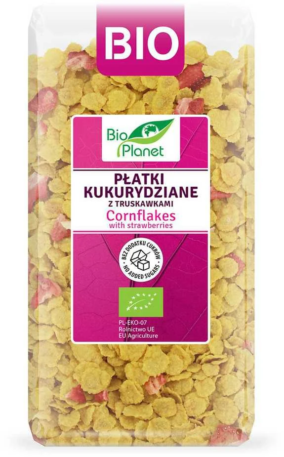 Grandininis pjūklas Ekologiški kukurūzų dribsniai su liofelizuotomis braškėmis, BIO PLANET, 250 g.