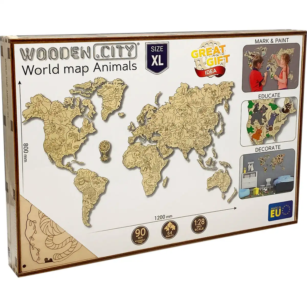 Dėlionė Wooden city 3D gyvūnų pasaulio medinis žemėlapis, XL dydis