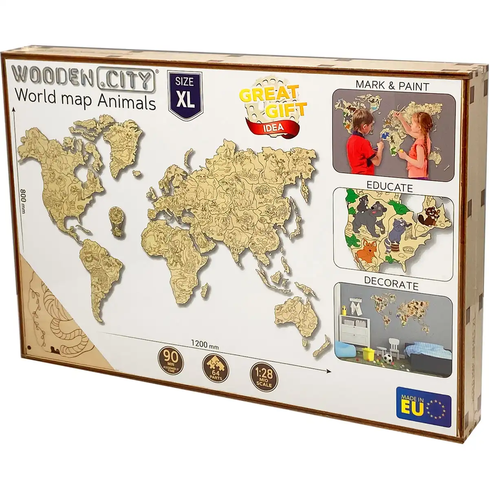 Dėlionė Wooden city 3D gyvūnų pasaulio medinis žemėlapis, XL dydis