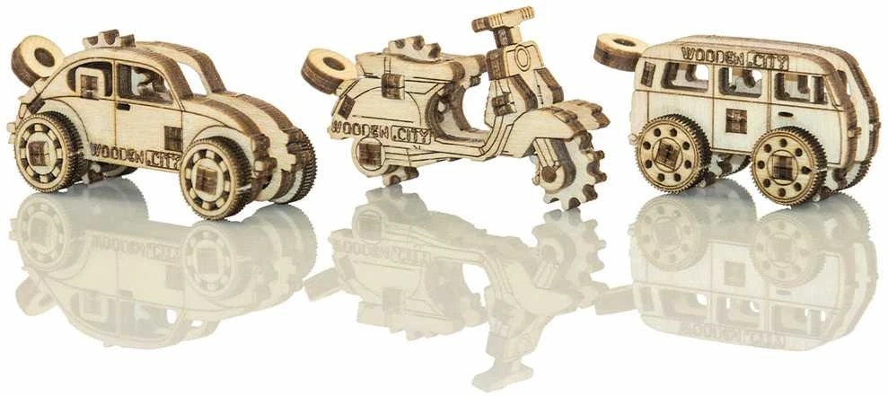 Dėlionė WOODEN CITY 3D Medinis Puzzle Modelis Senoviniai Automobiliai ir Motociklas