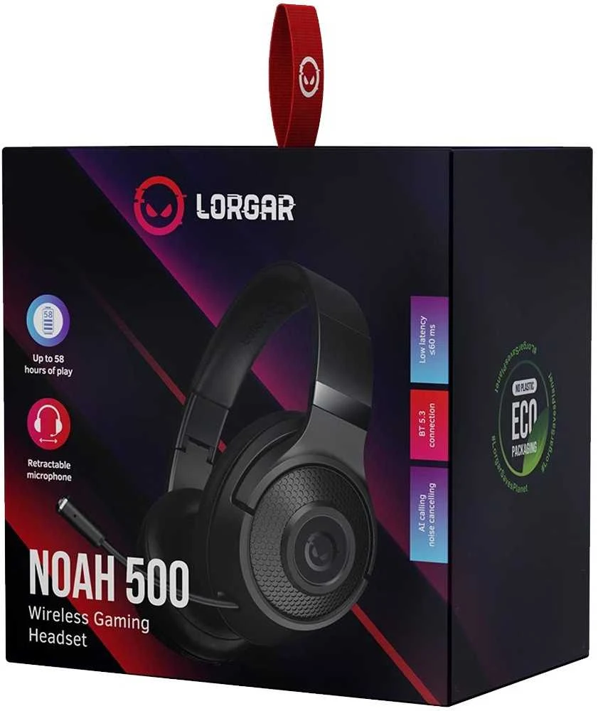 LORGAR Noah 500, Belaidės Žaidimų ausinės su mikrofonu, JL7006, BT 5.3, battery life iki 58 h (1000mAh), USB (C) charging kabelis (0.8m), 3.5 mm AUX kabelis (1.5m), size: 195*185*80mm, 0.24kg, juodas