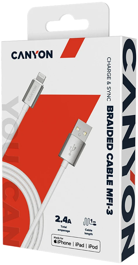 CANYON kabelis MFI-3 Lightning 12W 1m Baltas