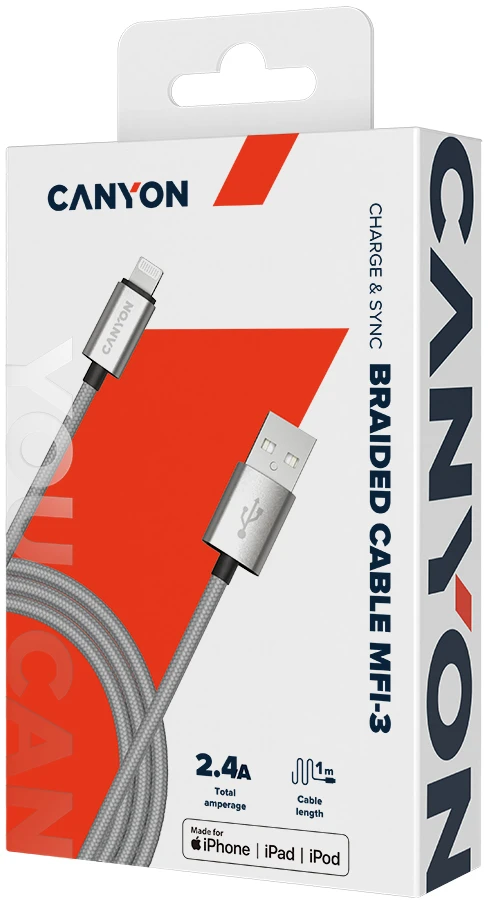 Apple CANYON kabelis MFI-3 Lightning 12W 1m Pilkas