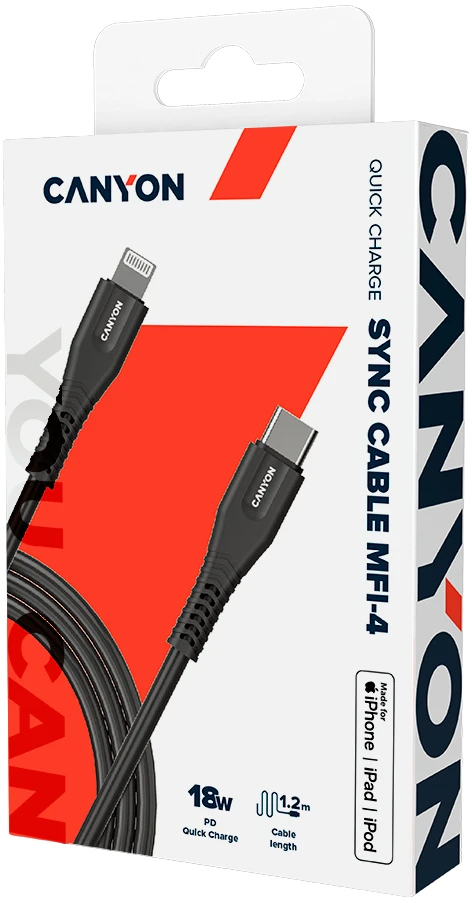 CANYON kabelis MFI-4 Type-C iki Lightning 1.2m Juodas