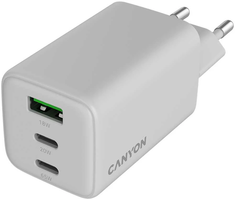 CANYON įkroviklis CU65ACC GaN 65W 2xPD 1xQC EU Baltas