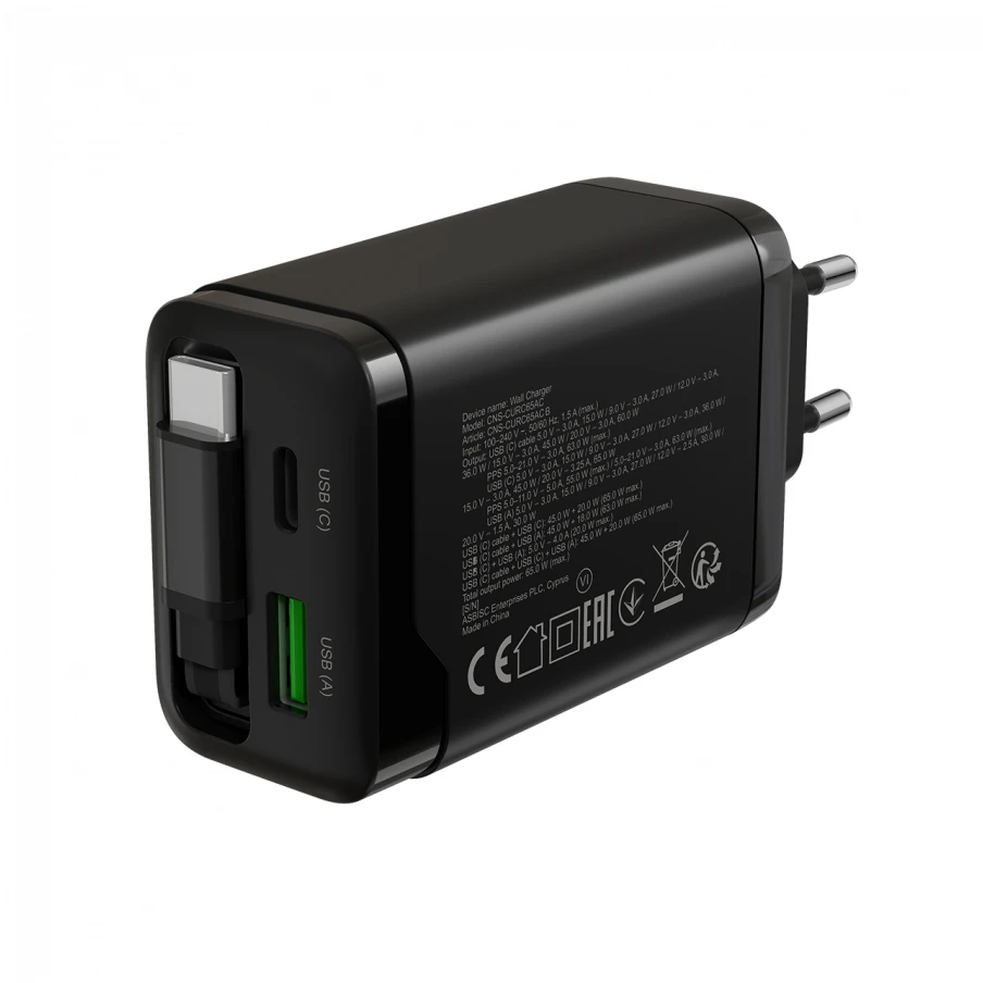 CANYON įkroviklis OnCharge 65RC įmontuojamas laidas USB-C 65W 1xPD 1xQC EU Juodas