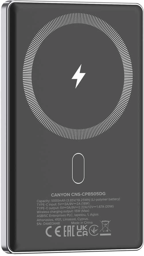 CANYON maitinimo blokas OnPower 505 plonas magnetinis 5000 mAh PD20W tamsiai pilkas